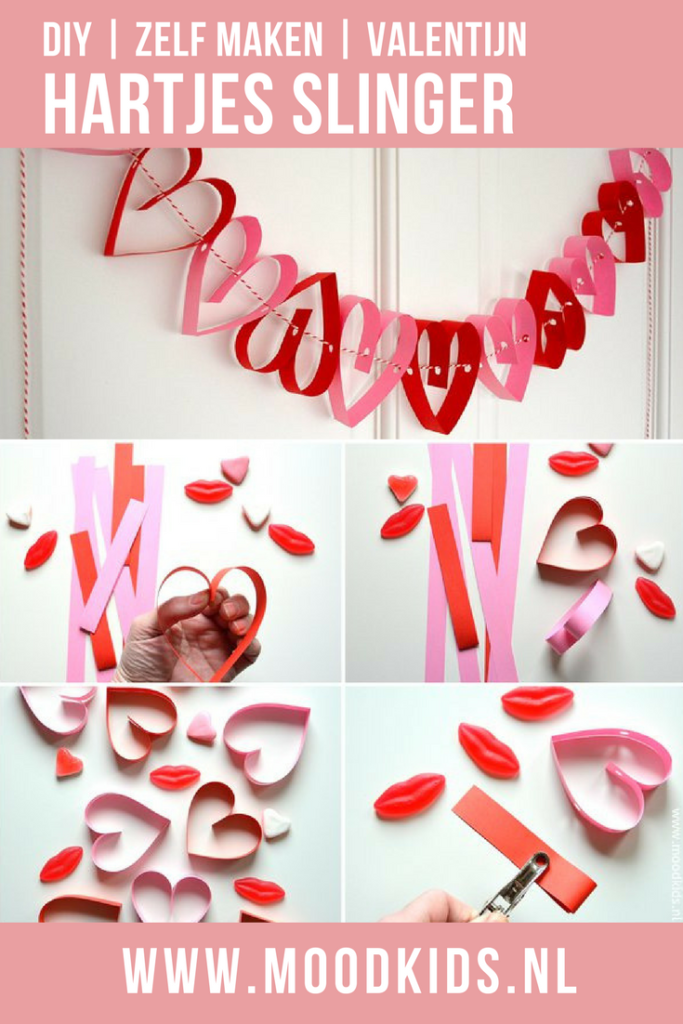 Heel veel hartjes op een rijtje, als dat geen liefdesverklaring is! Een eenvoudige en snelle DIY voor Valentijn.. Slinger van hartjes van papier. Leuk om samen te knutselen #valentijn #knutselen #valentijnsdag