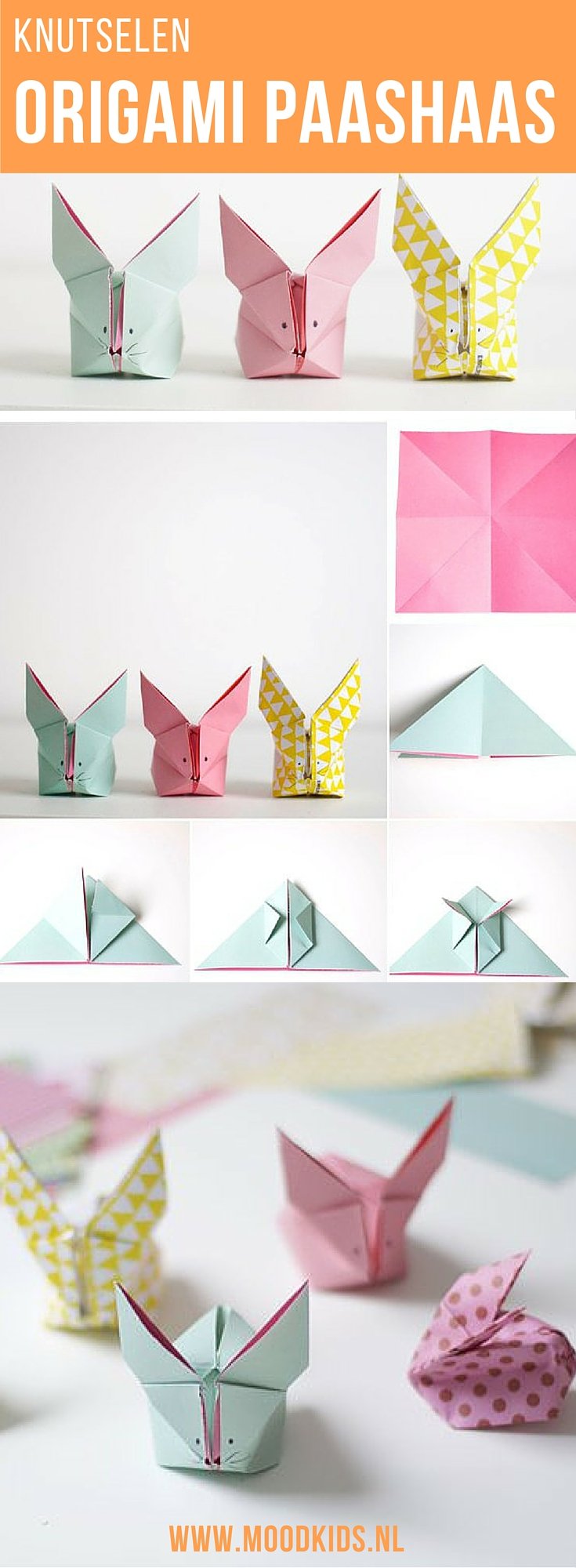 Knutselen voor Pasen. Vouw deze leuke origami paashaasjes in alle kleuren. Samen met de kinderen heb je in no-time een huis vol van deze leukerds. Ga naar de site voor de stap voor stap beschrijving.