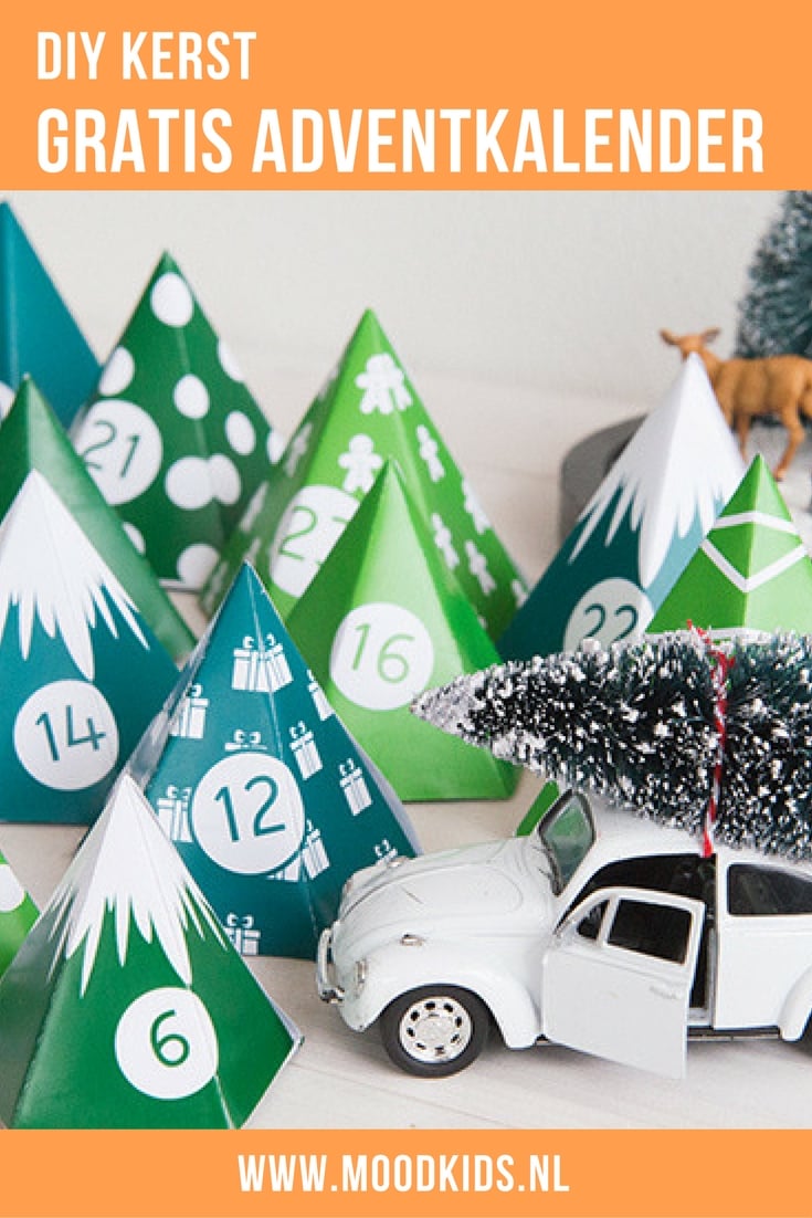 Download de gratis MoodKids DIY adventkalender printable. Vouw de kerstbomen van papier en vul ze eventueel met een cadeautje of een snoepje. Er is een zwart-witte versie, een groene en eentje om zelf of je kinderen te laten inkleuren. Bekijk de versies hier.